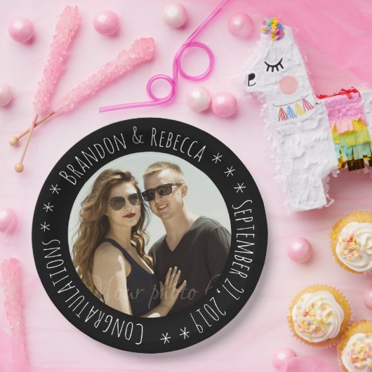Zwart Lijst Custom Circle Tekst Foto Wedding Papieren Bordje (Feest)