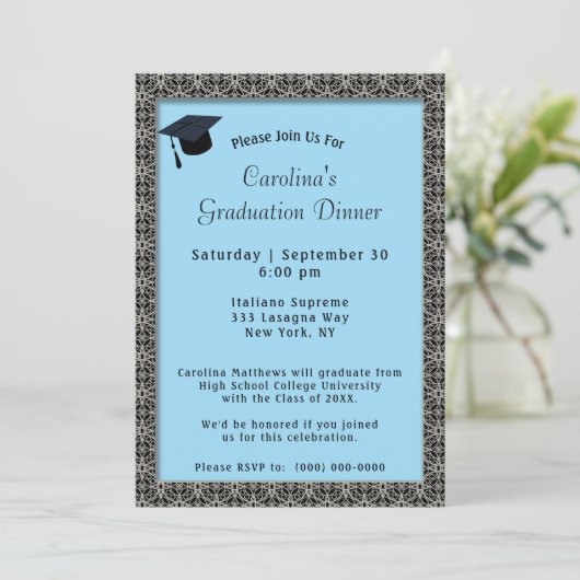 Zwart Lijst Diner Pet Lichtblauw Afstuderen Kaart (Staand voorkant)