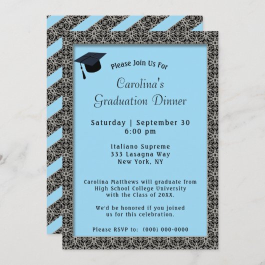 Zwart Lijst Diner Pet Lichtblauw Afstuderen Kaart (Voorkant / Achterkant)