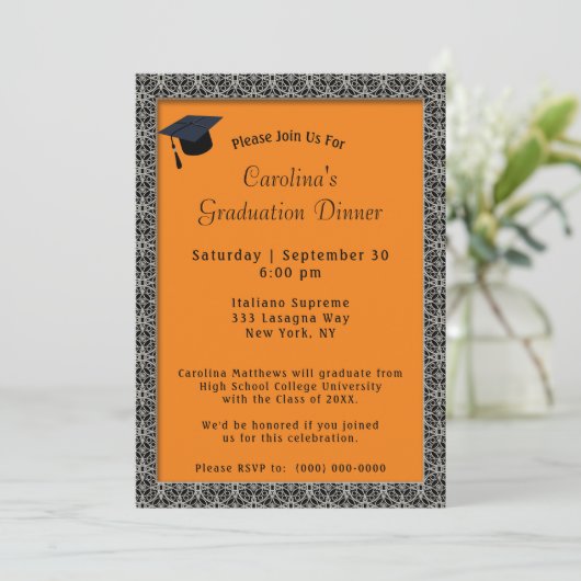 Zwart Lijst Diner Pet Sinaasappel Afstuderen Kaart (Staand voorkant)