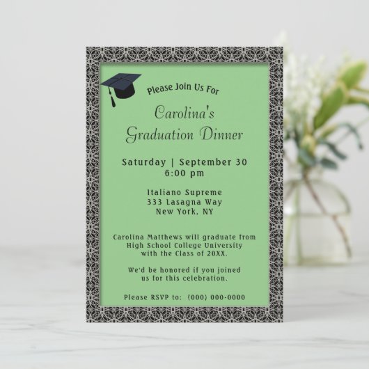 Zwart Lijst Dinner Pet Licht Groen Afstuderen Kaart (Staand voorkant)