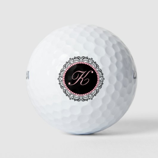 Zwart Lijst en roze diamanten Letter K Golfballen (Voorkant)