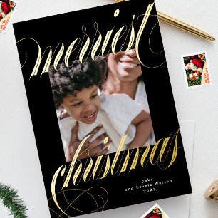 Zwart lijst Kerst Gouden Kalligrafie Een foto Folie Feestdagenkaart