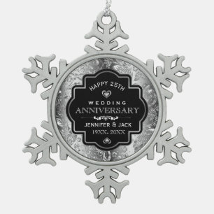 Zwart Lijst & Silver Damask 25e Jubileum Tin Sneeuwvlok Ornament