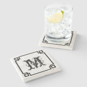 Zwart Lijst witte damast en groot monogram Stenen Onderzetter (Zijkant)