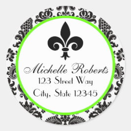 Zwart & Limoen Damask Fleur de Lys Adreslabel Ronde Sticker