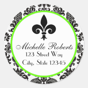 Zwart & Limoen Damask Fleur de Lys Adreslabel Ronde Sticker