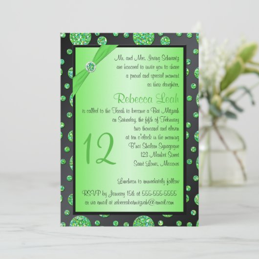 Zwart, Limoen Glittery Polka Dot Bat Mitzvah Invit Kaart (Staand voorkant)