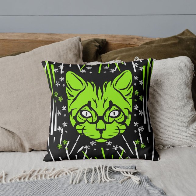 Zwart Limoenwit Zwart Moderne Kattenpatroon  Kussen (Creator heeft geüpload)