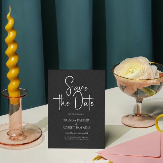 Zwart linnen Simple Black Script Save the Date Kaart