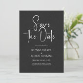 Zwart linnen Simple Black Script Save the Date Kaart (Staand voorkant)