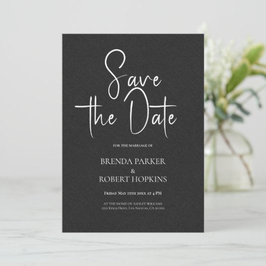 Zwart linnen Simple Black Script Save the Date Kaart (Staand voorkant)