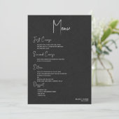 Zwart linnen Simple White Script Weduwmenu Kaart (Staand voorkant)