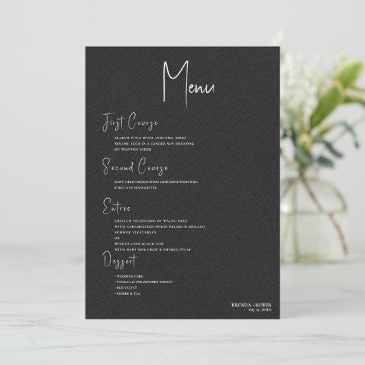 Zwart linnen Simple White Script Weduwmenu Kaart (Staand voorkant)