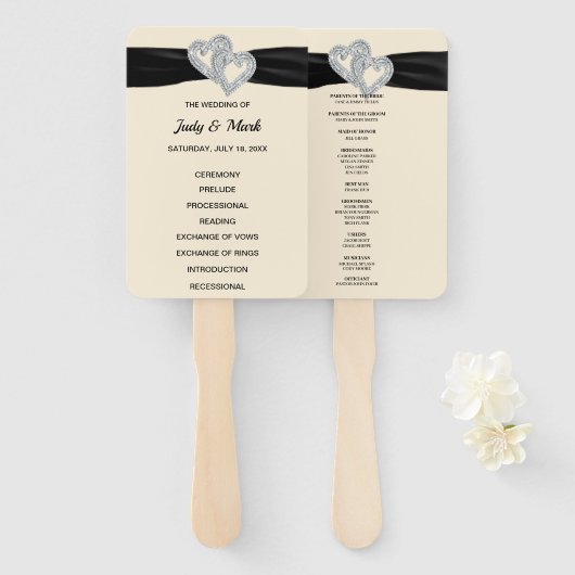 Zwart lint diamanten harten bruiloft programma fan handwaaier (Voorkant en achterkant)