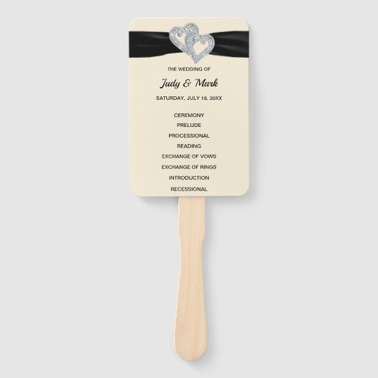 Zwart lint diamanten harten bruiloft programma fan handwaaier (Voorkant)