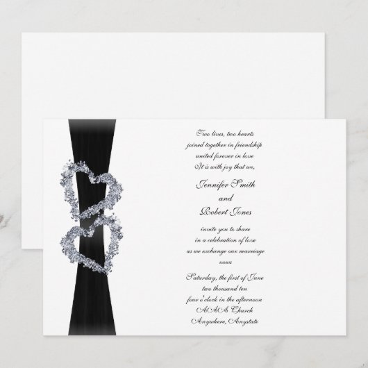 Zwart lint en diamanten harten bruiloft uitnodigin kaart (Voorkant / Achterkant)