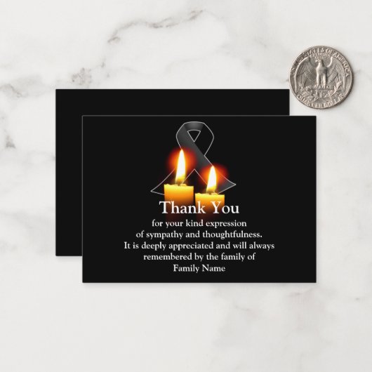 Zwart lint en kaars na de begrafenis Dank u Notitiekaartje (Voorkant / Achterkant in situ)
