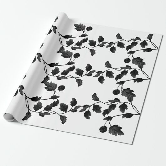 Zwart lint-groen wijnpatroon op wit cadeaupapier (Uitgerold)