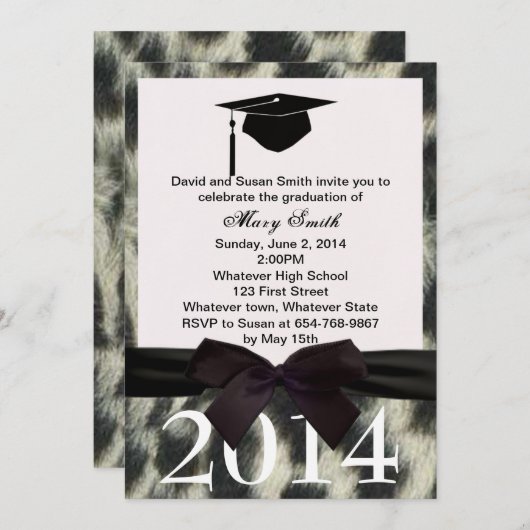 Zwart Lint Sneeuw Leopard Afstuderen Invitation Kaart (Voorkant / Achterkant)