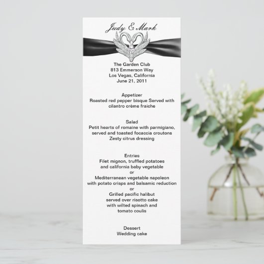 Zwart Lint Zilveren Zwanen Menu Kaart (Staand voorkant)