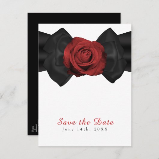 Zwart lintje en rode roze legant sparen de datum aankondigingskaart (Voorkant / Achterkant)
