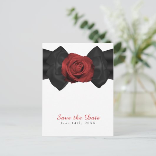 Zwart lintje en rode roze legant sparen de datum aankondigingskaart (Staand voorkant)