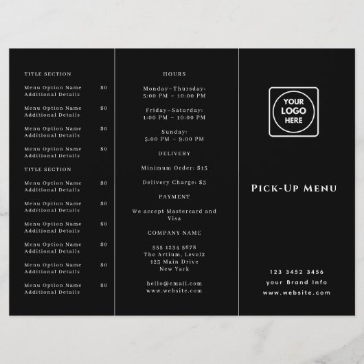 Zwart Logo Afhaalmenu | Aangepast Restaurant Afhaa (Voorkant)