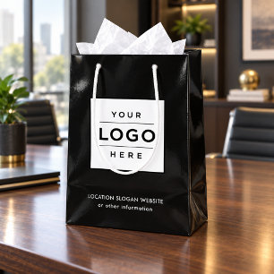 Zwart logo winkelzak met bedrijfslogo medium cadeauzakje