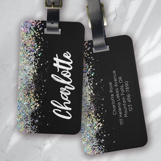 Zwart Luxe Holografische Glitter Gepersonaliseerd Bagagelabel