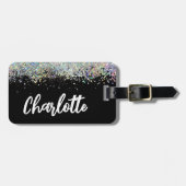 Zwart Luxe Holografische Glitter Gepersonaliseerd Bagagelabel (Voorkant horizontaal)