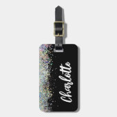 Zwart Luxe Holografische Glitter Gepersonaliseerd Bagagelabel (Voorkant verticaal)