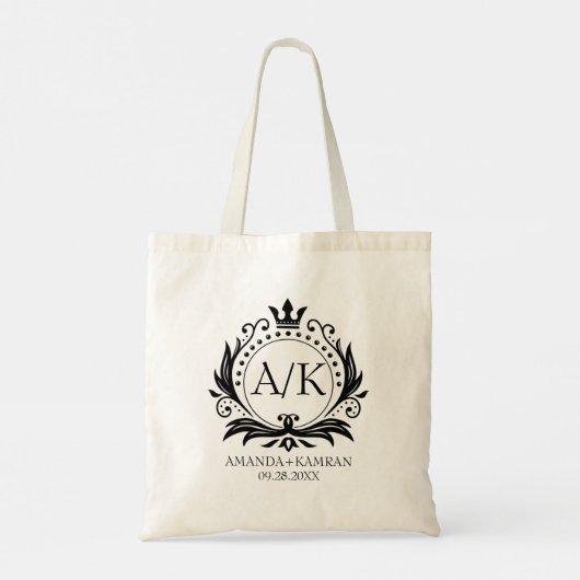 Zwart Luxe Kroon Bruiloft Monogram Tote Bag (Achterkant)