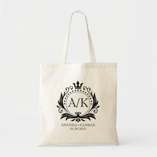 Zwart Luxe Kroon Bruiloft Monogram Tote Bag (Voorkant)