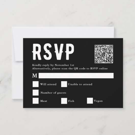Zwart Maaltijd Keuze Bruiloft Scan QR Code RSVP-ka RSVP Kaartje (Voorkant)