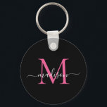Zwart magenta roze monogram naam legant script sleutelhanger<br><div class="desc">Eenvoudige zwarte Magenta Hot Pink Monogram Elegant Moderne Script Sleutelhanger</div>