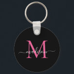 Zwart magenta roze monogram naam legant script sleutelhanger<br><div class="desc">Eenvoudige zwarte Magenta Hot Pink Monogram Elegant Moderne Script Sleutelhanger</div>