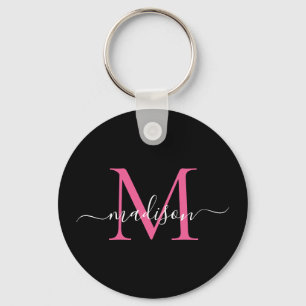 Zwart magenta roze monogram naam legant script sleutelhanger