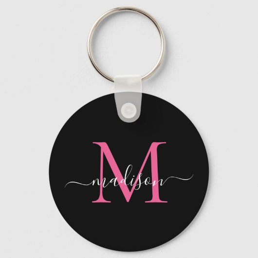 Zwart magenta roze monogram naam legant script sleutelhanger (Voorkant)