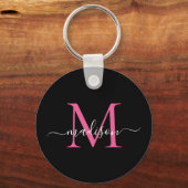 Zwart magenta roze monogram naam legant script sleutelhanger (Voorkant)