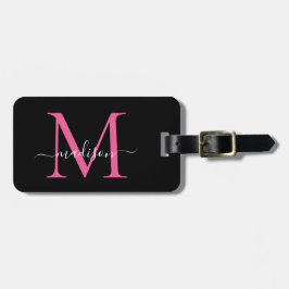 Zwart Magenta Roze Monogram Script Naam Stijlvol Bagagelabel
