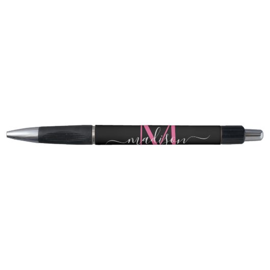 Zwart Magenta Roze Monogram Script Naam Stijlvol Pen (Voorkant)