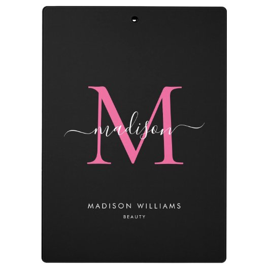 Zwart Magenta Roze Monogram Stijlvolle Script Naam Klembord (Achterkant)