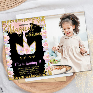 Zwart Magisch Glitter Eenhoorn Verjaardag w foto Kaart