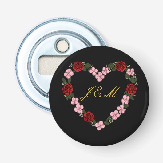Zwart magnetisch met roze en rode hart button flesopener (Voorkant)