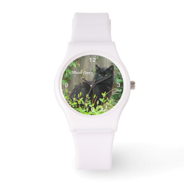Zwart Maine Coon Kat Horloge (Voorkant)