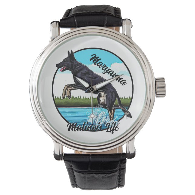 Zwart Malinois in Water Horloge (Voorkant)