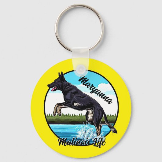 Zwart Malinois in Water Sleutelhanger (Voorkant)