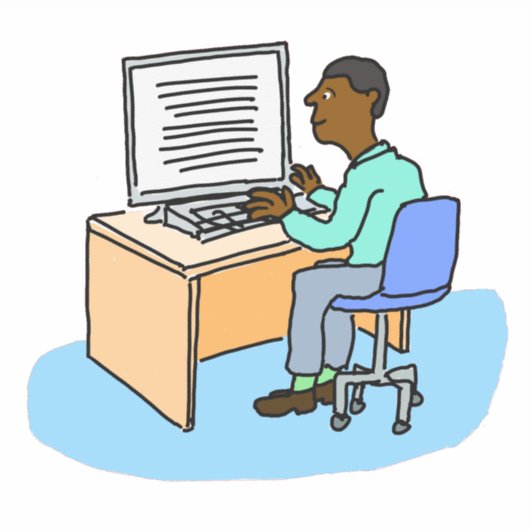 Zwart man dat bij een computer sticker werkt (Voorkant)