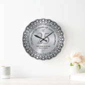 Zwart Mandala op Silver 25th Wedding Jubileum Grote Klok (Huis)